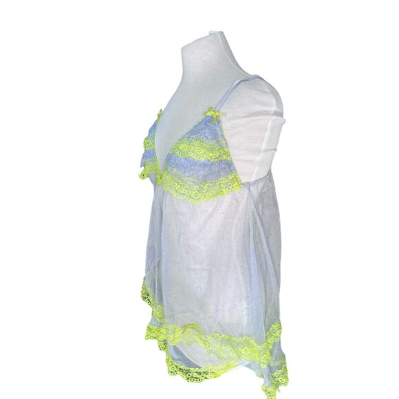 Lavender and Neon Yellow Sheer Polka Dot Lace Large Babydoll Slip Lingerie - Picture 2 of 7
